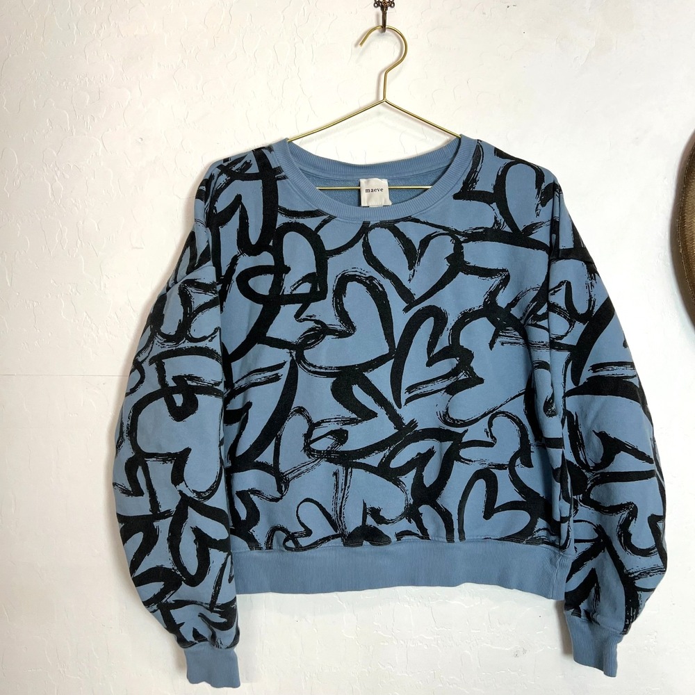 ANTHROPOLOGIE Maeve Heart Printed Sweatshirt M Blue Black Scribble Graffiti Crop